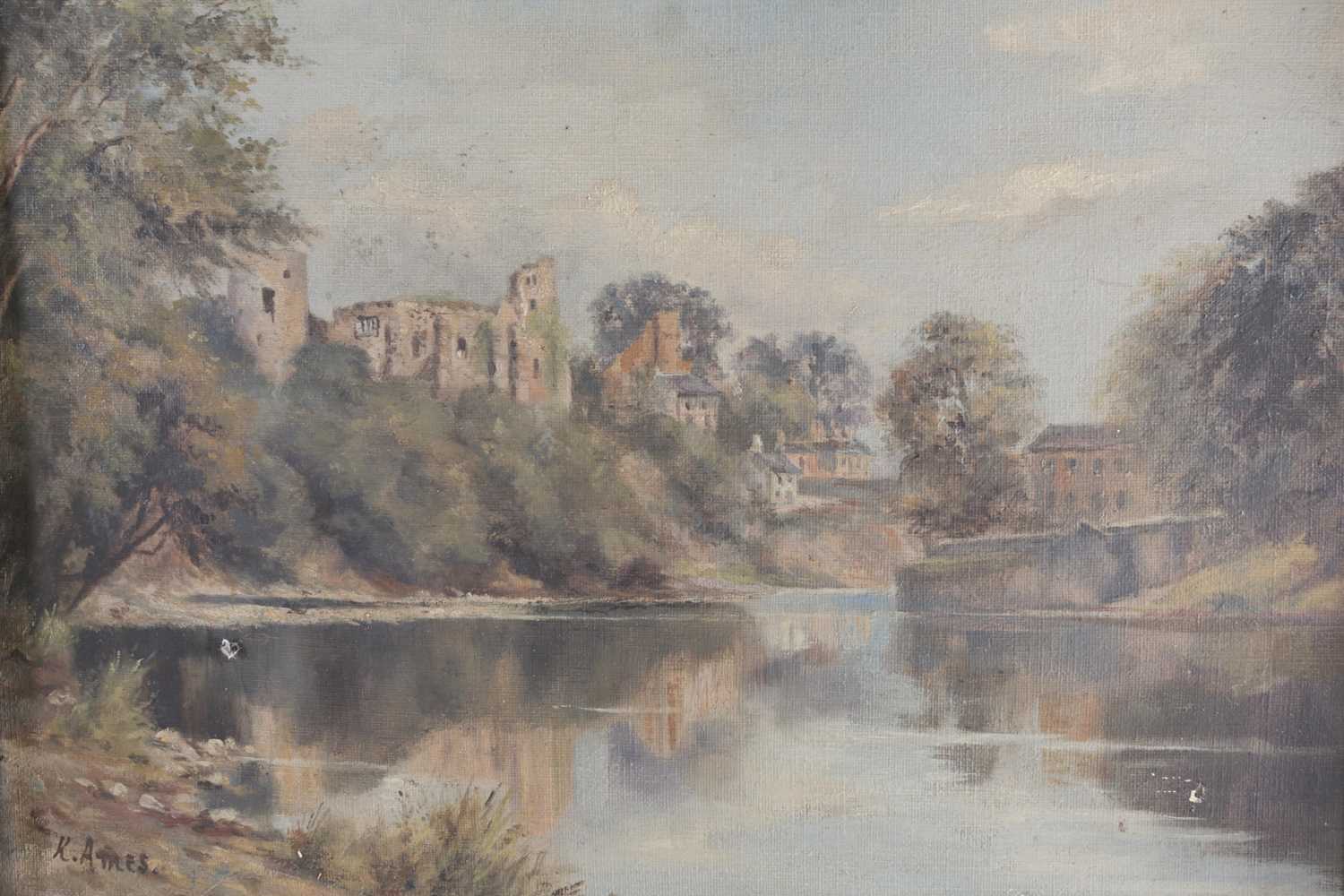 K Ames (early 20th century), a river landscape with buildings to the background, oil on panel, 24. - Image 2 of 4