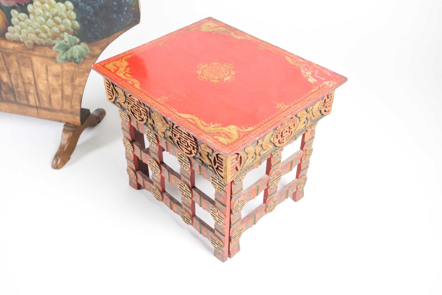 An early 20th Chinese red lacquered folding scribes table with gilt dragons and carved with Shou - Image 4 of 6