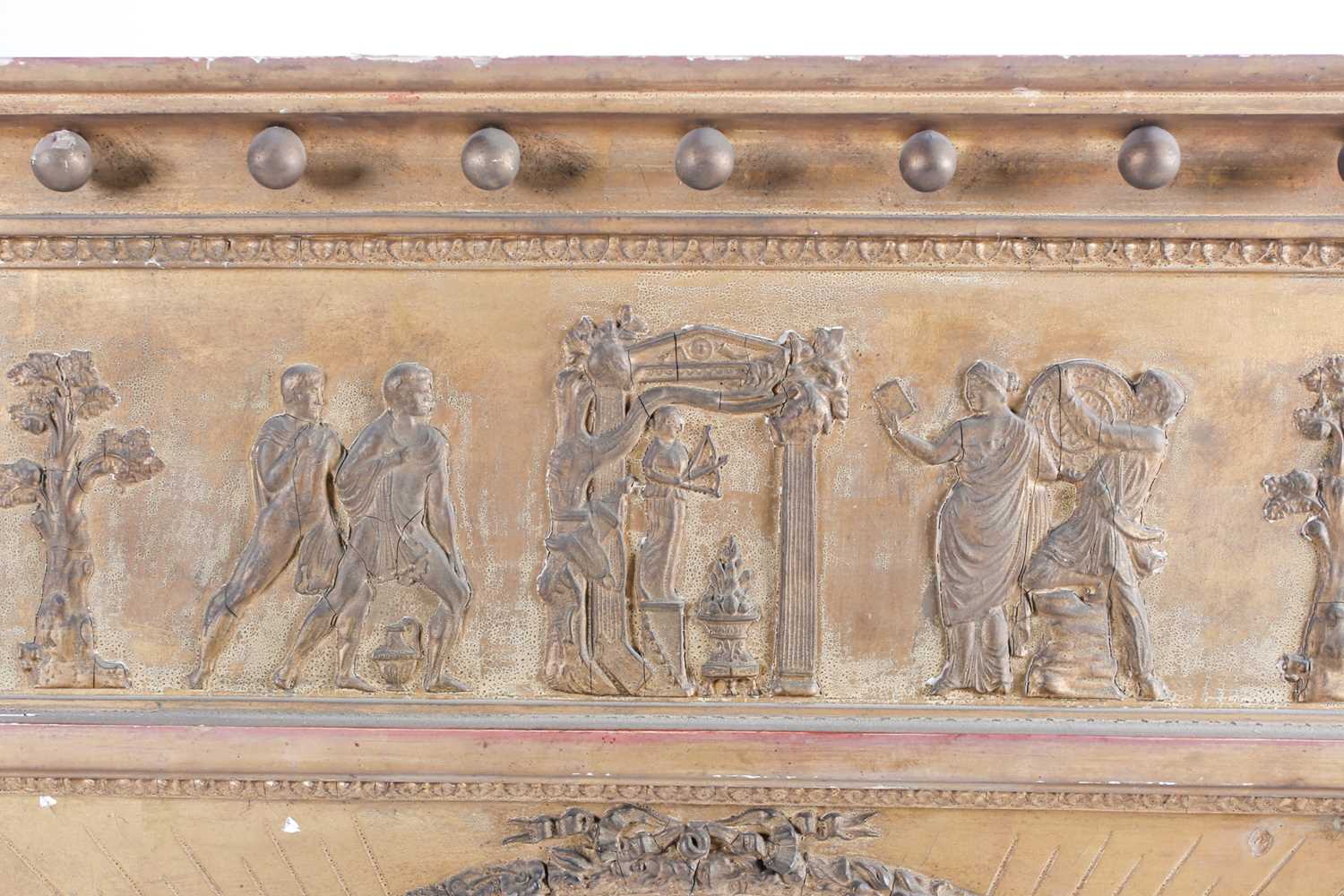 A Regency style gilt framed overmantel mirror, the frieze with relief decorated Roman figures, - Image 2 of 5