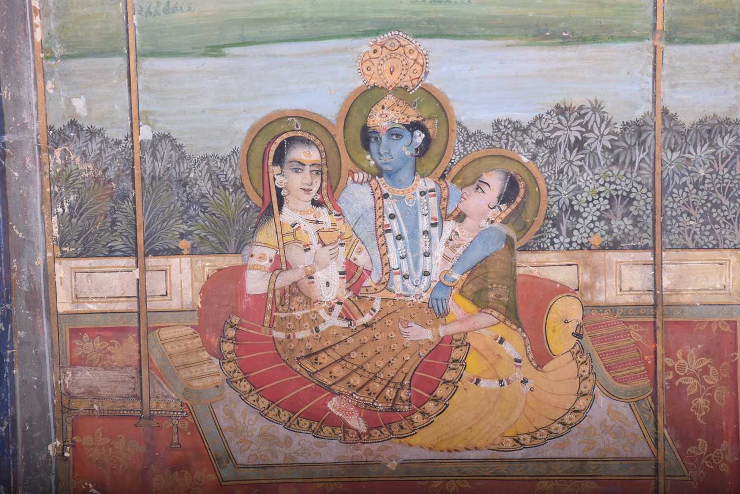 Indian School, 18th/19th century, Krishna with Nama Gopi and Seva Gopi beneath a canopy with - Image 2 of 3