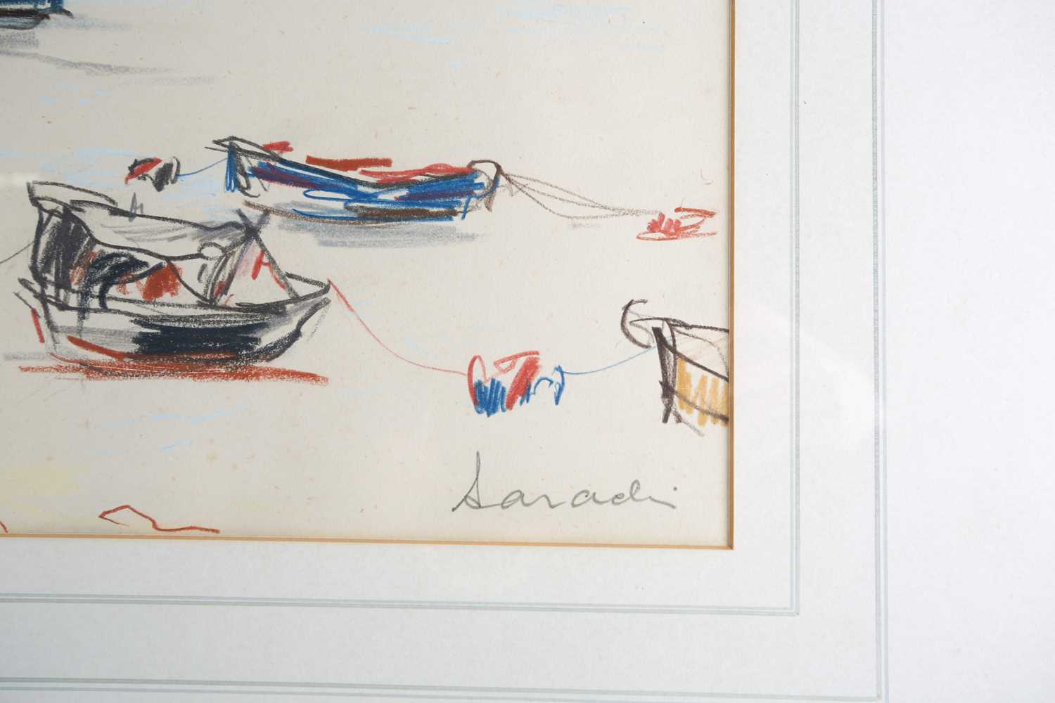 Chatin Sarachi (Albanian, 1899-1974) 'Tug and moored boats', crayon on paper, together with a - Image 2 of 6