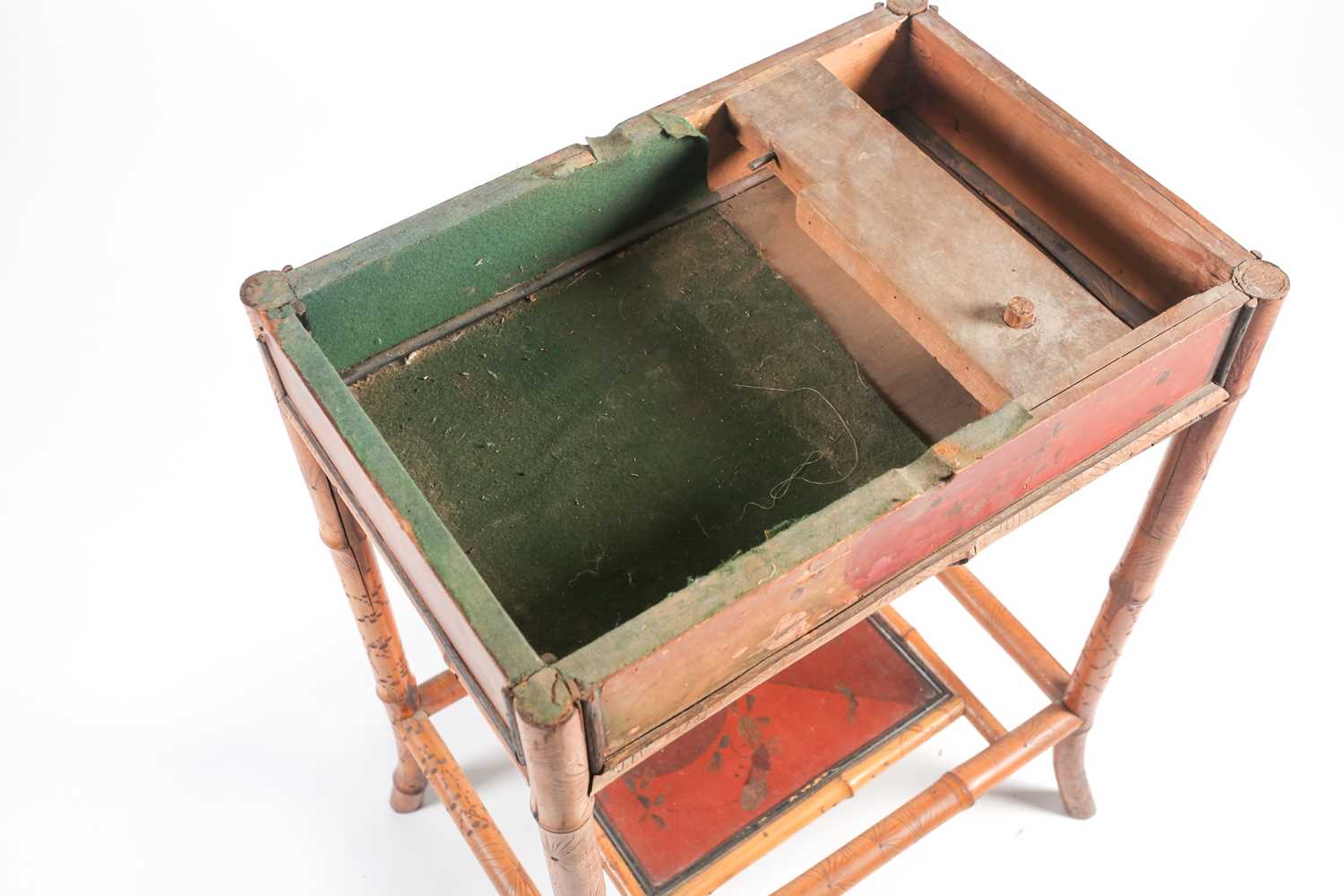 A 19th century bamboo and painted lacquer fold-over gaming table with under tier. Raised on slightly - Image 11 of 11