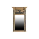 An early 19th century inverted breakfront, giltwood pier mirror with ebonized pastoral scenes to the