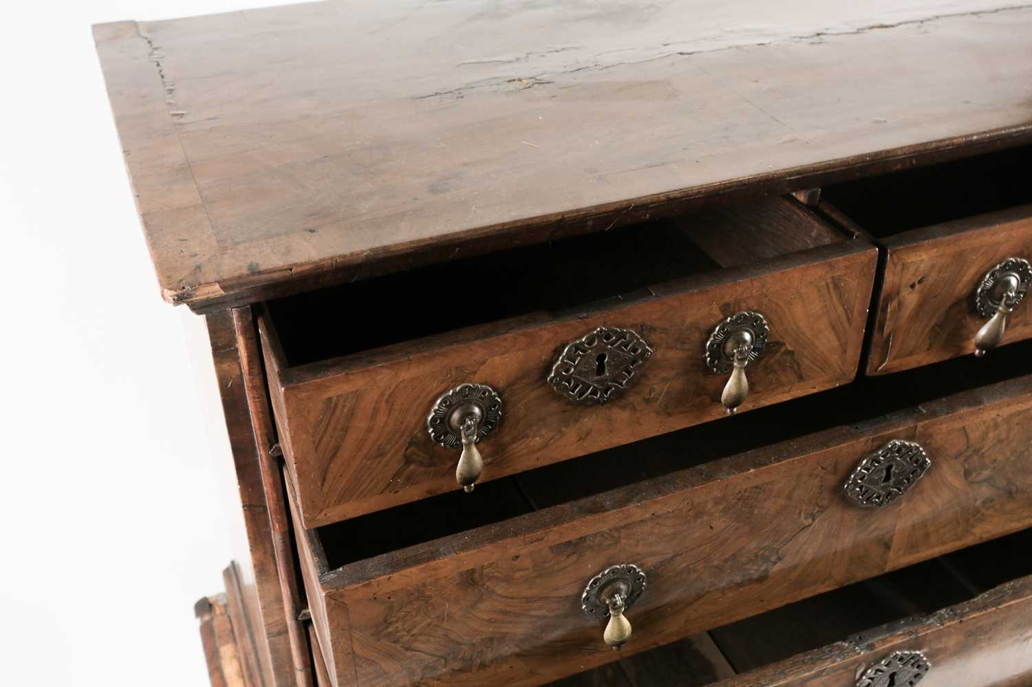 William & Mary walnut chest on stand. with crossbanded and quarter veneered top. Fitted two short - Image 5 of 17