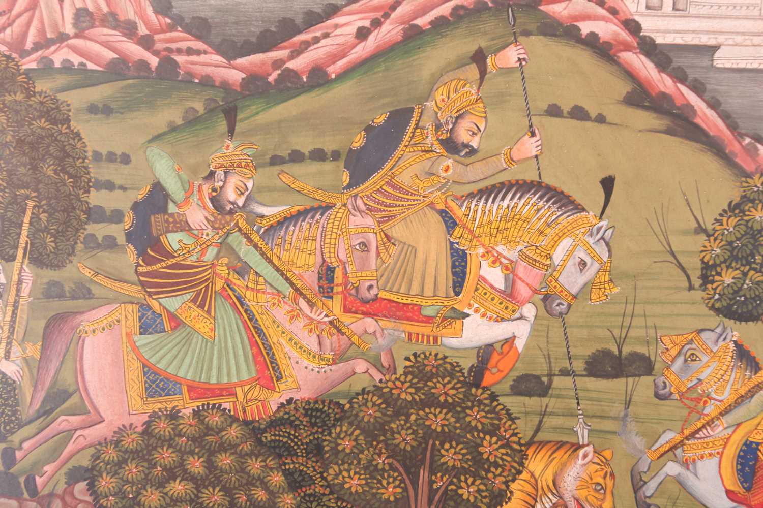 An Indian Mughal style watercolour depicting a tiger hunting scene with men on horseback with lances - Image 3 of 3