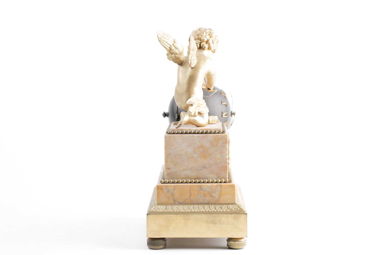 A late 19th century French marble and ormolu mounted mantle clock, mounted with a winged cupid - Image 9 of 9
