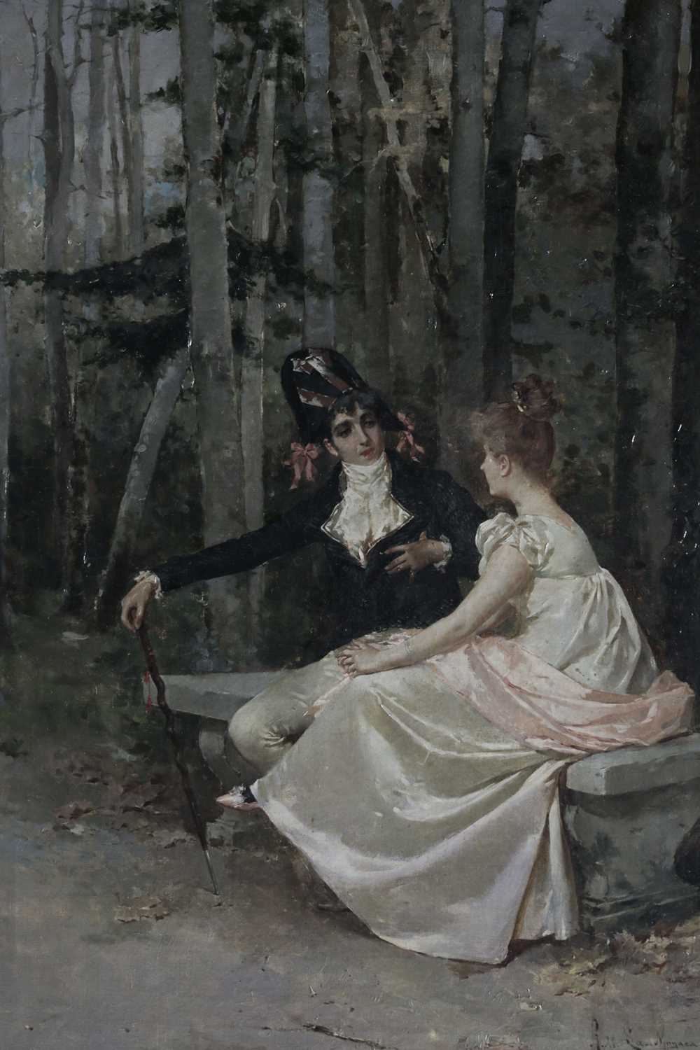 R M La Monaca (19th/20th century), a finely dressed courting couple in a woodland setting, oil on - Image 7 of 7