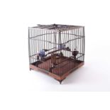 A 20th century Chinese rosewood songbird cage with figured amboyna panels and "Key" inlaid