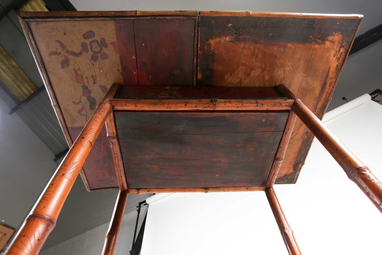 A 19th century bamboo and painted lacquer fold-over gaming table with under tier. Raised on slightly - Image 6 of 11