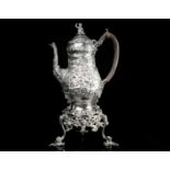 A George IV fine silver coffee pot on conforming stand, London 1822 by Edward Farrell, the chased