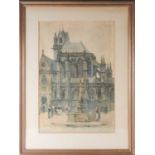 Jules Lessore (1849-1892), figures before a cathedral, signed watercolour, 48.5 cm x 32.5 cm, framed