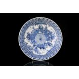 A Chinese Qing dynasty, blue and white porcelain, circular charger painted with a central boss