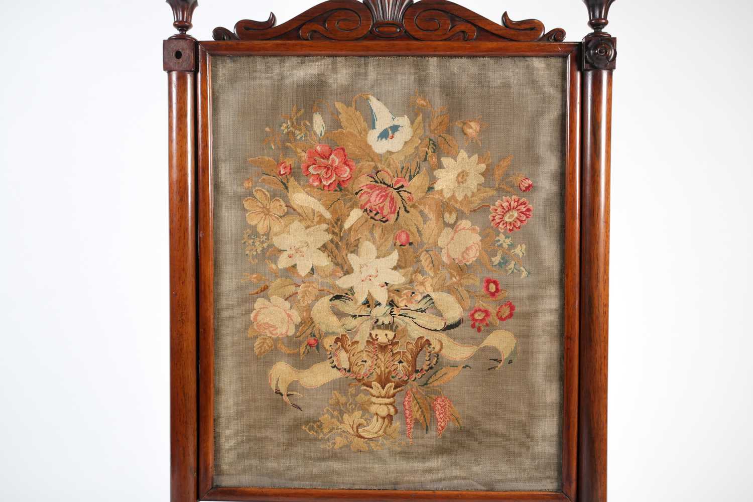 A Victorian mahogany and petit point firescreen, with shell and scroll decoration over turned - Image 4 of 7