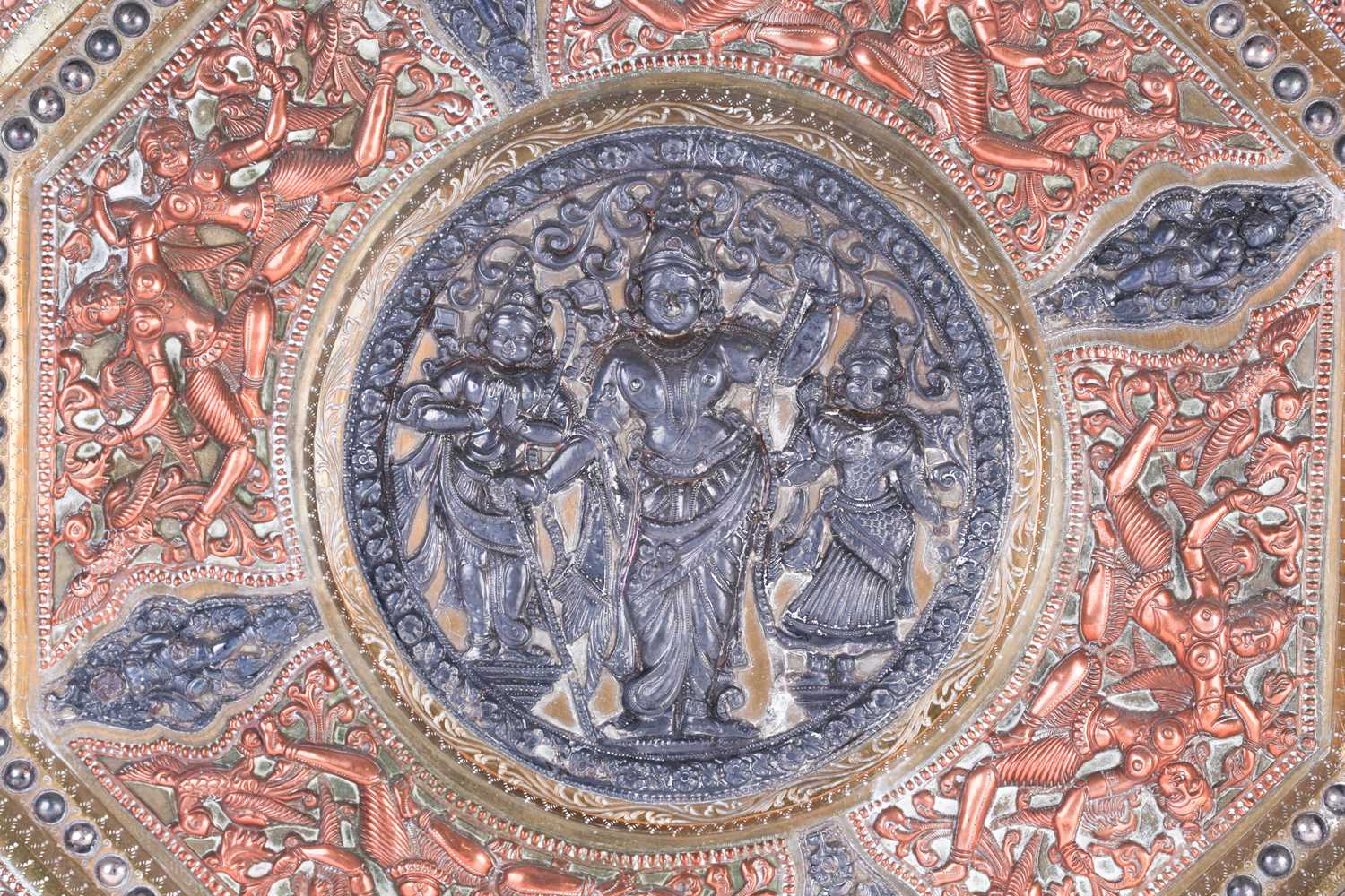 An early 20th century Indian, octagonal brass wall plaque with overlaid copper and silver - Image 3 of 5