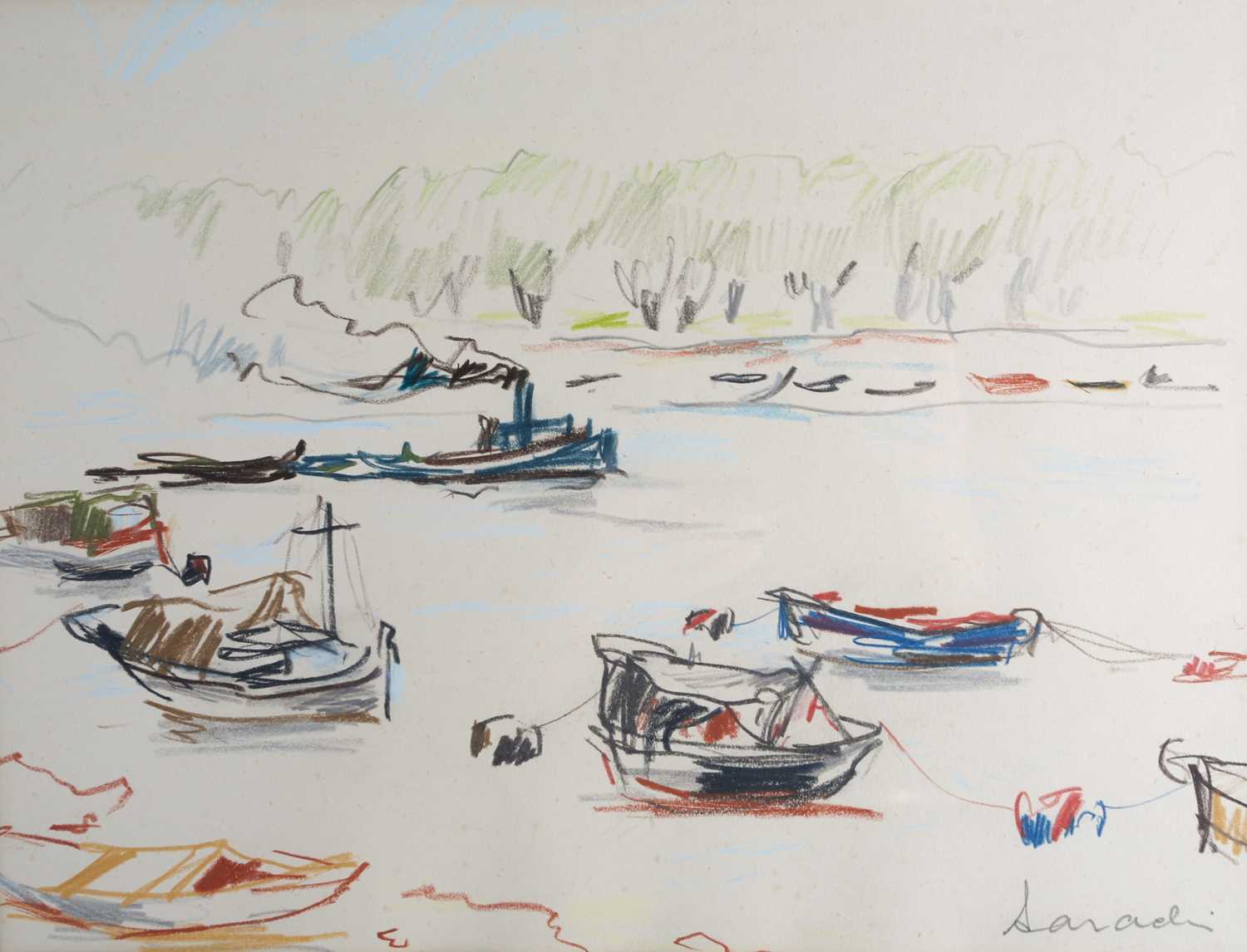 Chatin Sarachi (Albanian, 1899-1974) 'Tug and moored boats', crayon on paper, together with a - Image 5 of 6