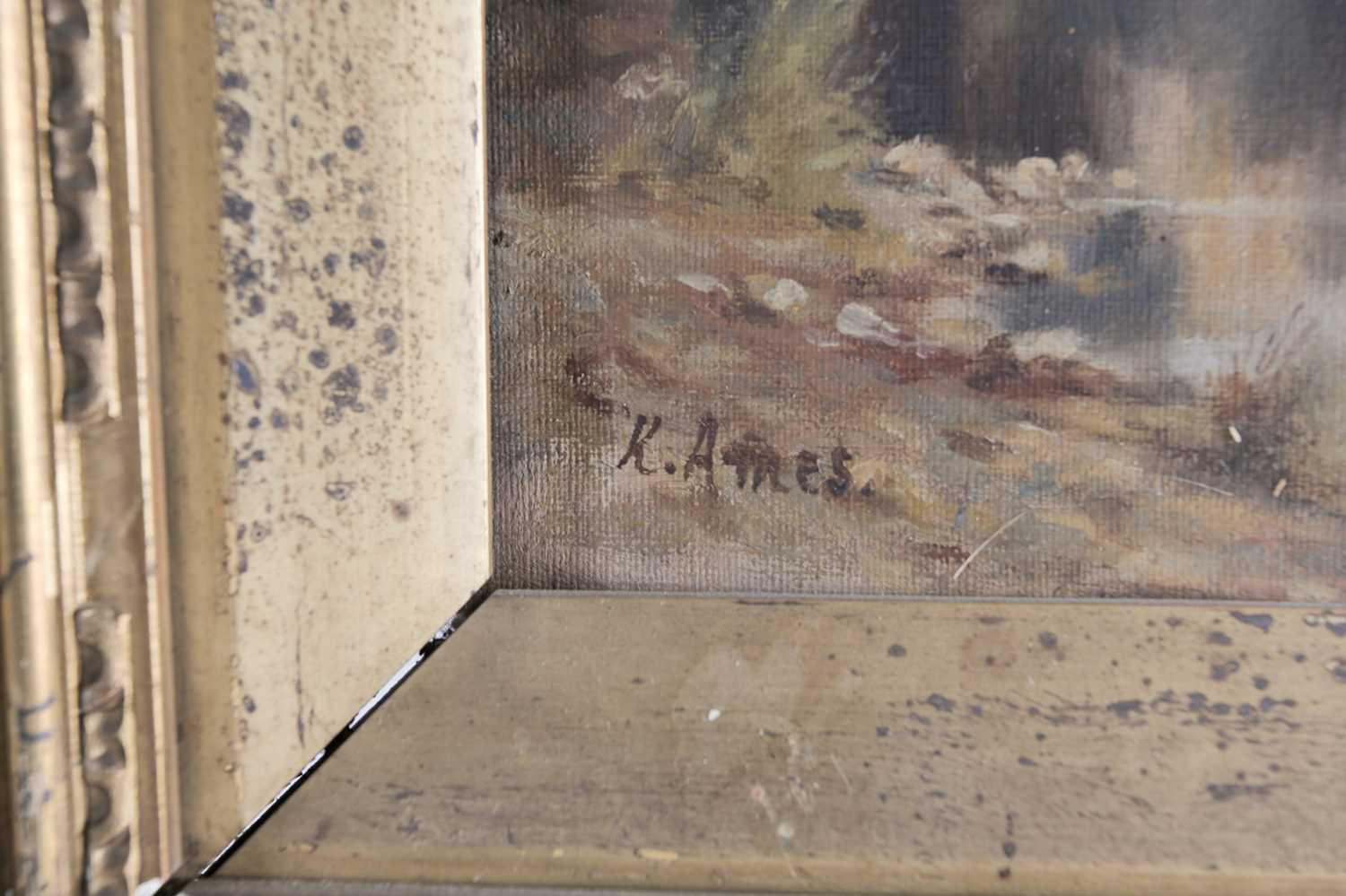 K Ames (early 20th century), a river landscape with buildings to the background, oil on panel, 24. - Image 3 of 4