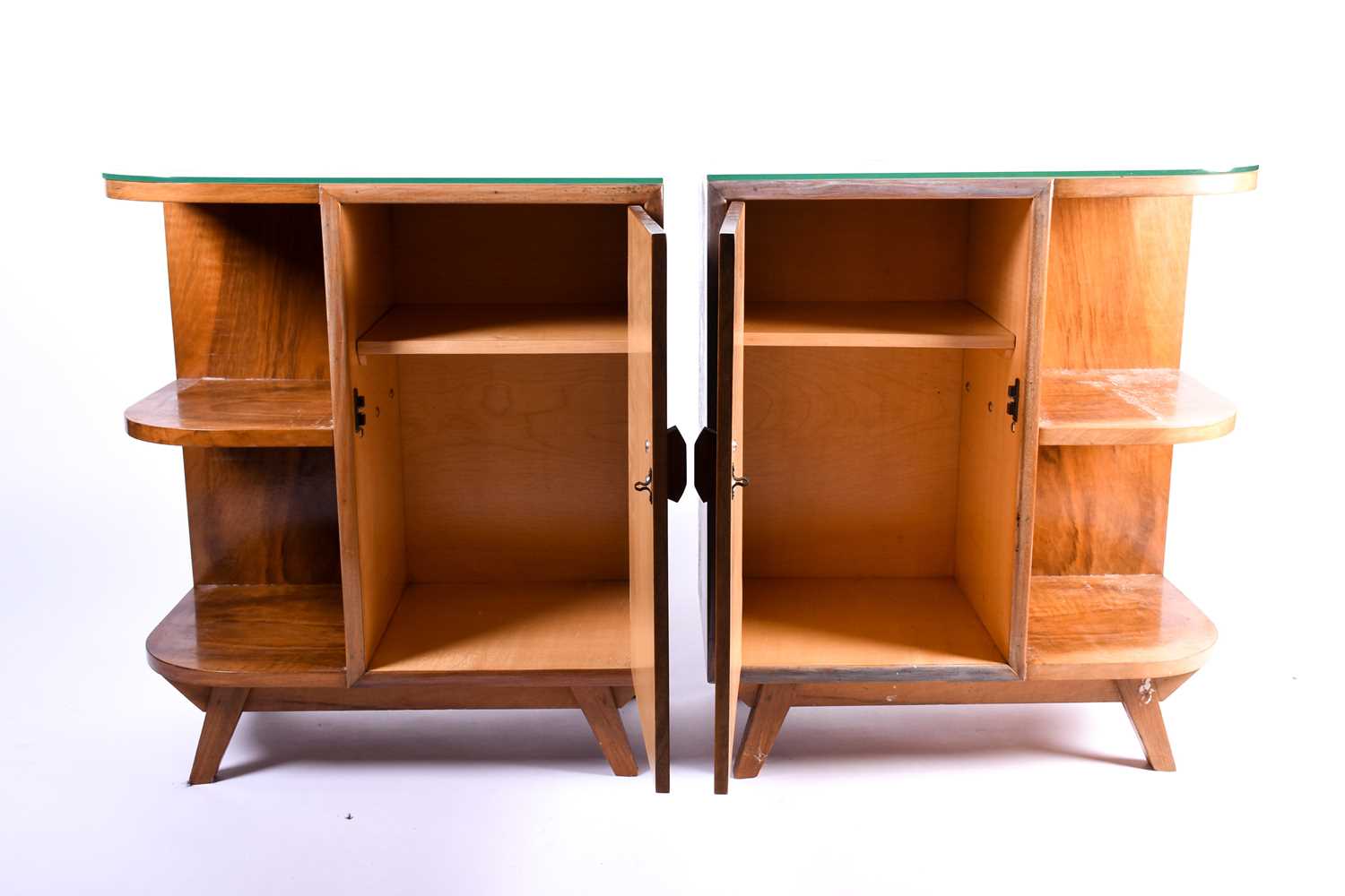 A pair of mid 20th century figured walnut bedside cabinet bookcases, each radiused at one end and - Image 4 of 6