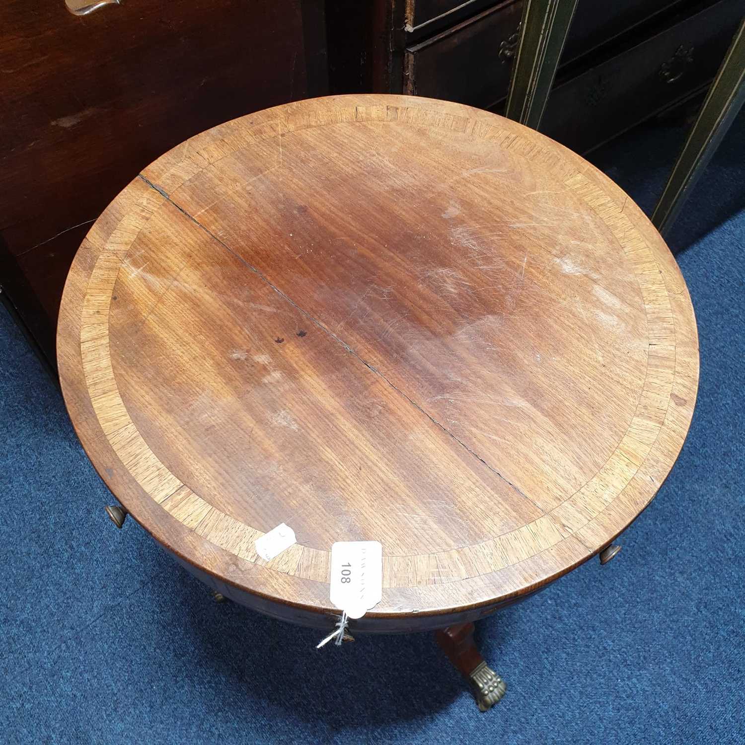 A small George IV ebony strung mahogany circular drum form urn table with tulipwood banded top and - Image 15 of 18