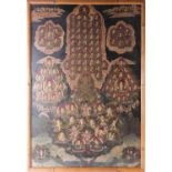 A framed Tibetan Thangka depicting multiple devotees and deities with Buddha Shakyamuni at the