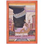 Indian School, 19th century, A Shah upon a low bed beneath a canopy, with two female attendants, a
