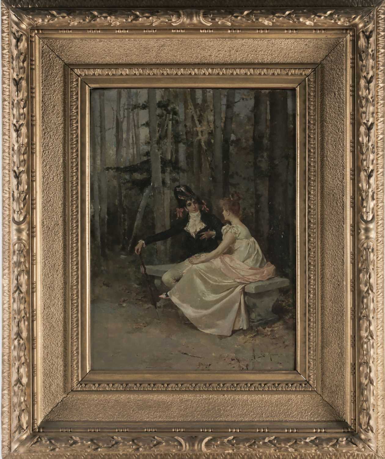 R M La Monaca (19th/20th century), a finely dressed courting couple in a woodland setting, oil on