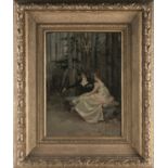 R M La Monaca (19th/20th century), a finely dressed courting couple in a woodland setting, oil on