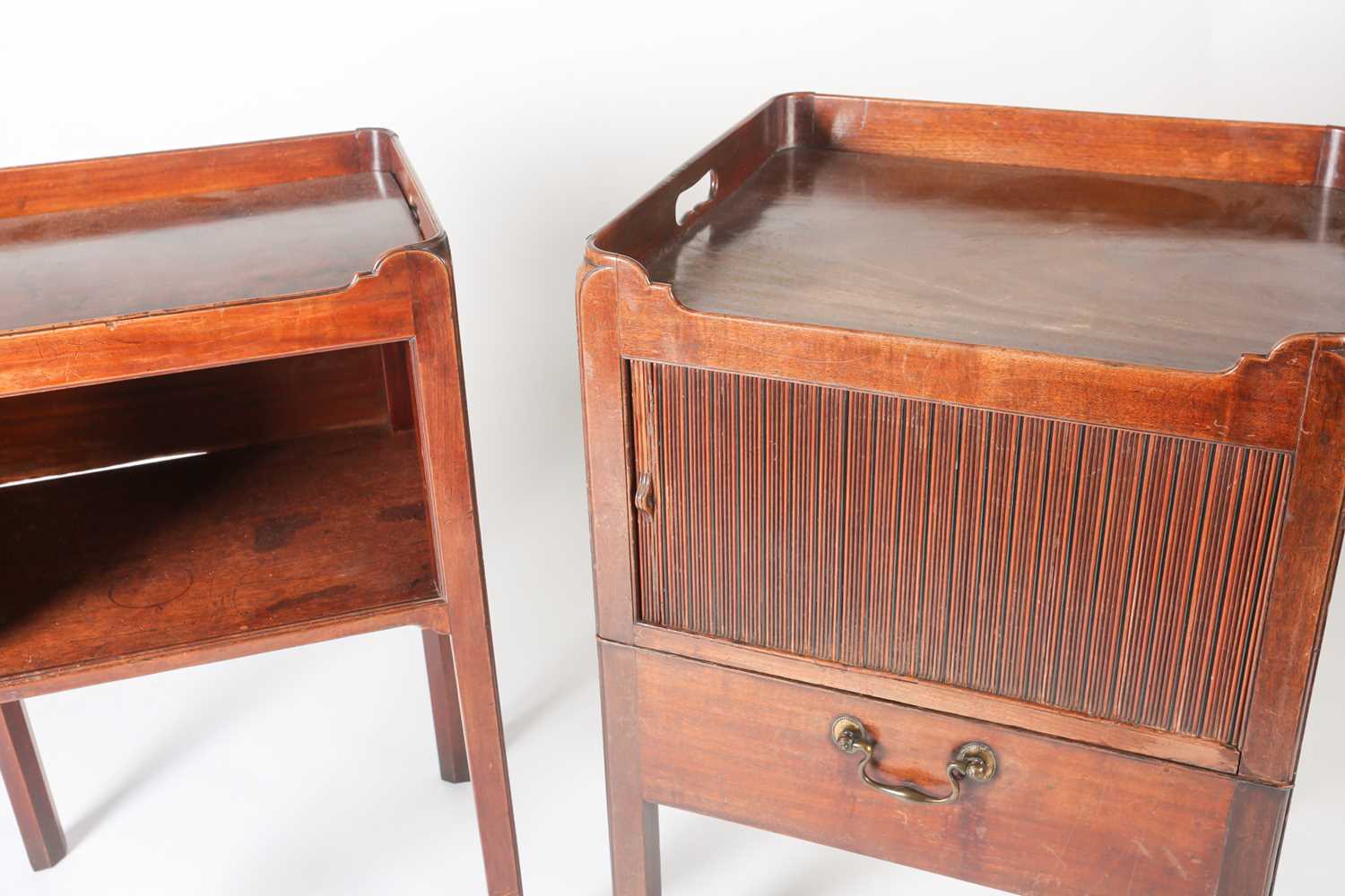 A Geo III mahogany tray topped, tambour fronted night cupboard with pull-out base, raised on moulded - Image 2 of 8