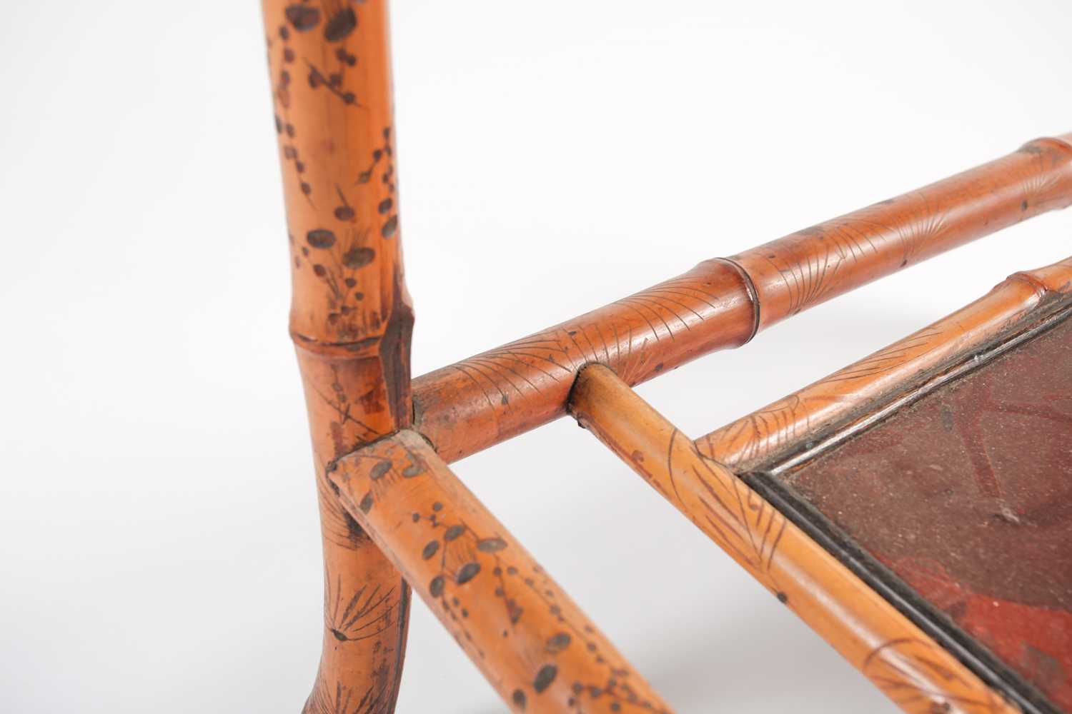 A 19th century bamboo and painted lacquer fold-over gaming table with under tier. Raised on slightly - Image 8 of 11