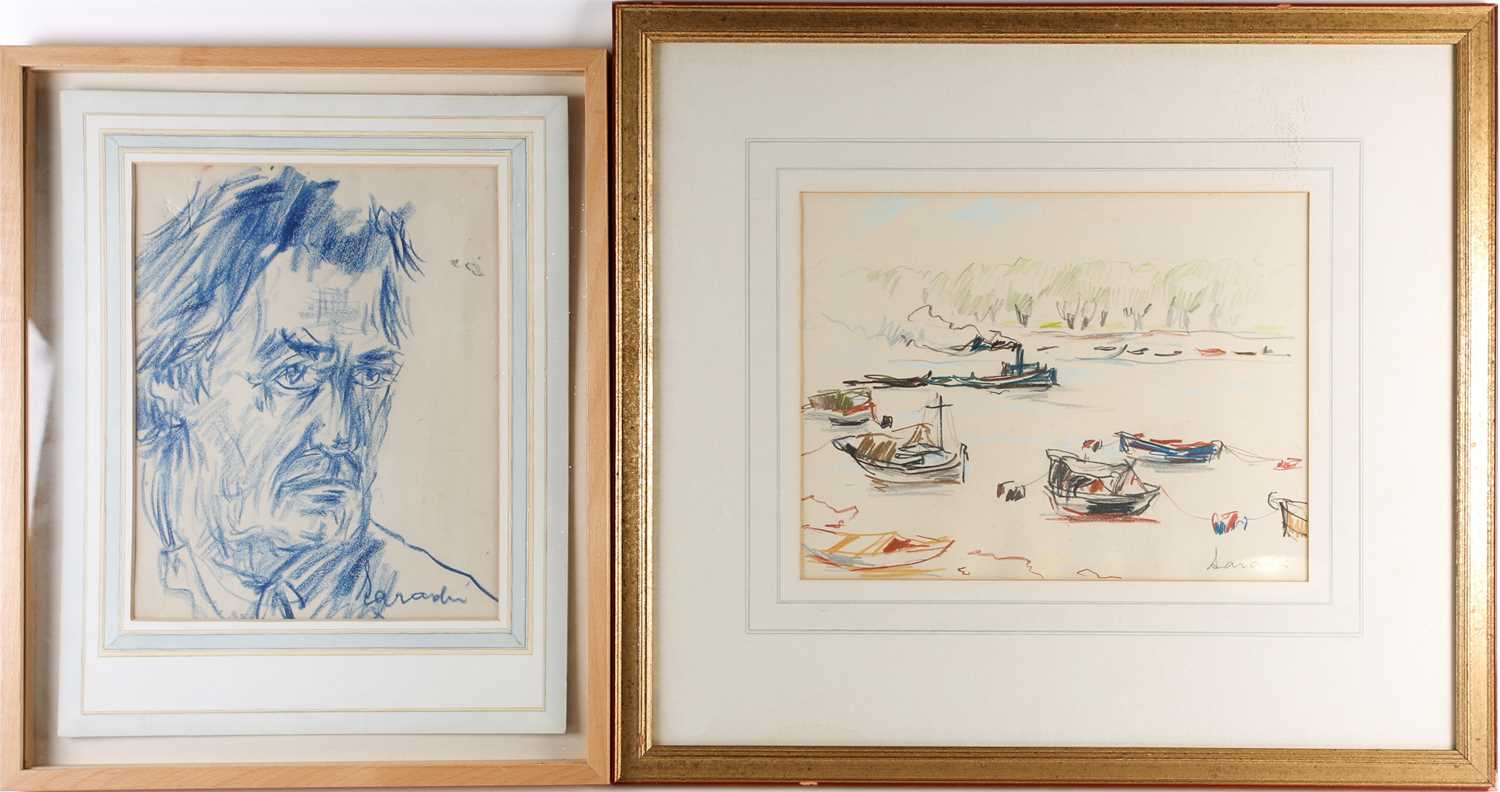 Chatin Sarachi (Albanian, 1899-1974) 'Tug and moored boats', crayon on paper, together with a