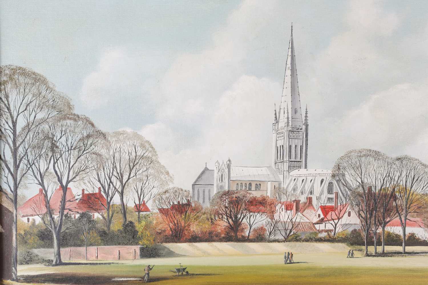 A. Tingley (20th century), 'Norwich Cathedral from Riverside Walk', oil on panel, signed to lower - Image 4 of 5