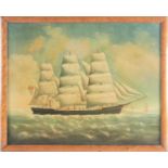 J Scott (19th century), a three-masted ship named 'Ariel', at sea with figures onboard, oil on