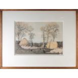 George Houston (1869-1947), a farm landscape, the sea to the background, watercolour, signed to