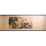 A Chinese scroll, wall hanging, painted with a white-headed sea eagle scrutinizing something that is