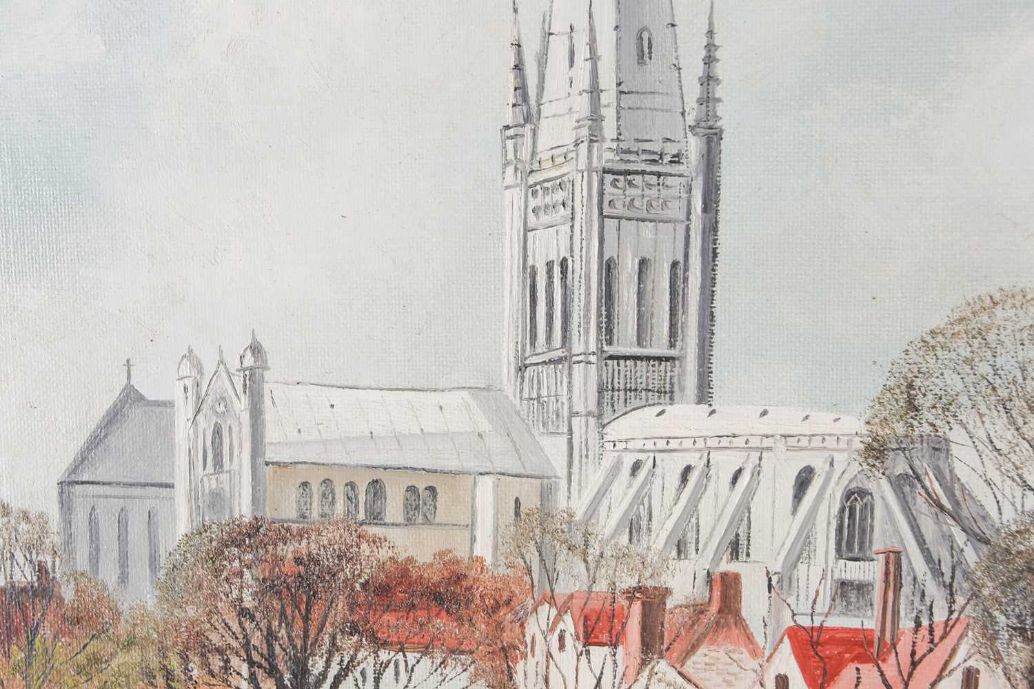 A. Tingley (20th century), 'Norwich Cathedral from Riverside Walk', oil on panel, signed to lower - Image 3 of 5