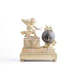 A late 19th century French marble and ormolu mounted mantle clock, mounted with a winged cupid