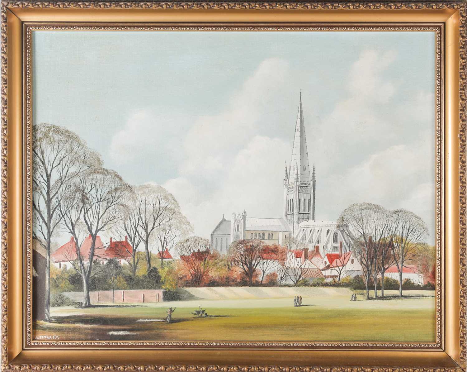 A. Tingley (20th century), 'Norwich Cathedral from Riverside Walk', oil on panel, signed to lower