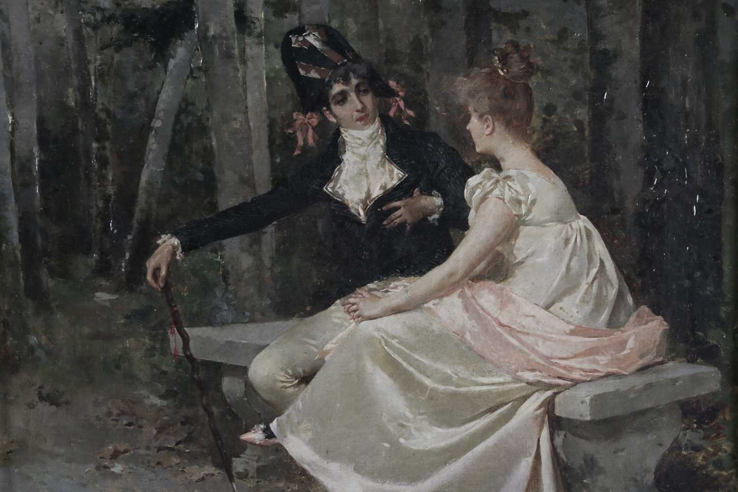 R M La Monaca (19th/20th century), a finely dressed courting couple in a woodland setting, oil on - Image 2 of 7