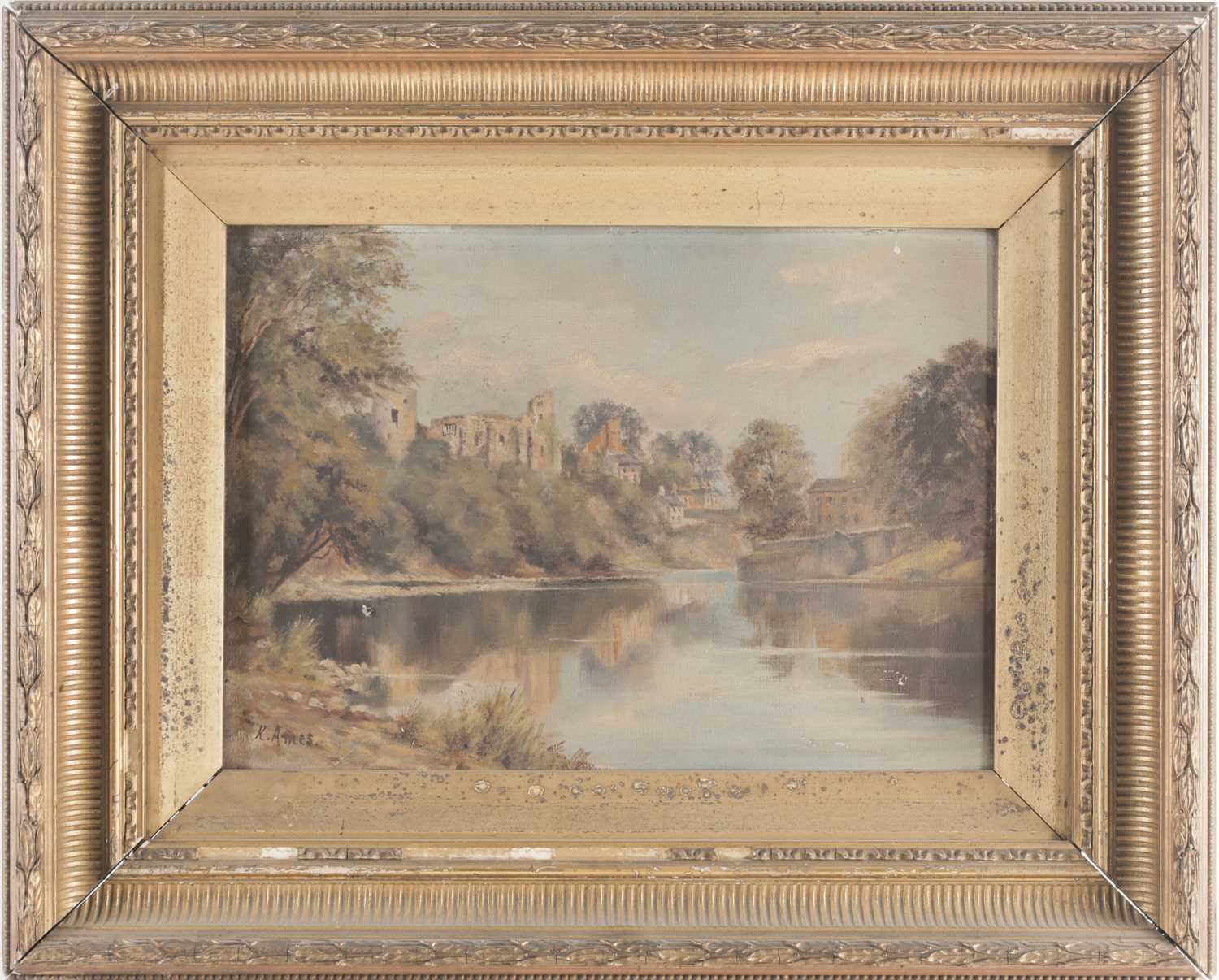 K Ames (early 20th century), a river landscape with buildings to the background, oil on panel, 24.