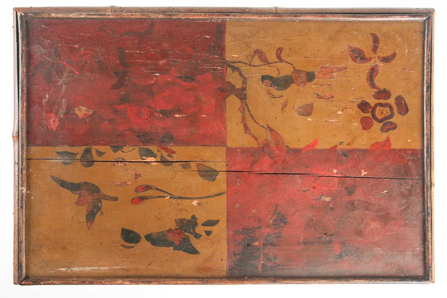 A 19th century bamboo and painted lacquer fold-over gaming table with under tier. Raised on slightly - Image 10 of 11