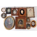 A collection of assorted framed miniature portraits, early 19th century and later, largely