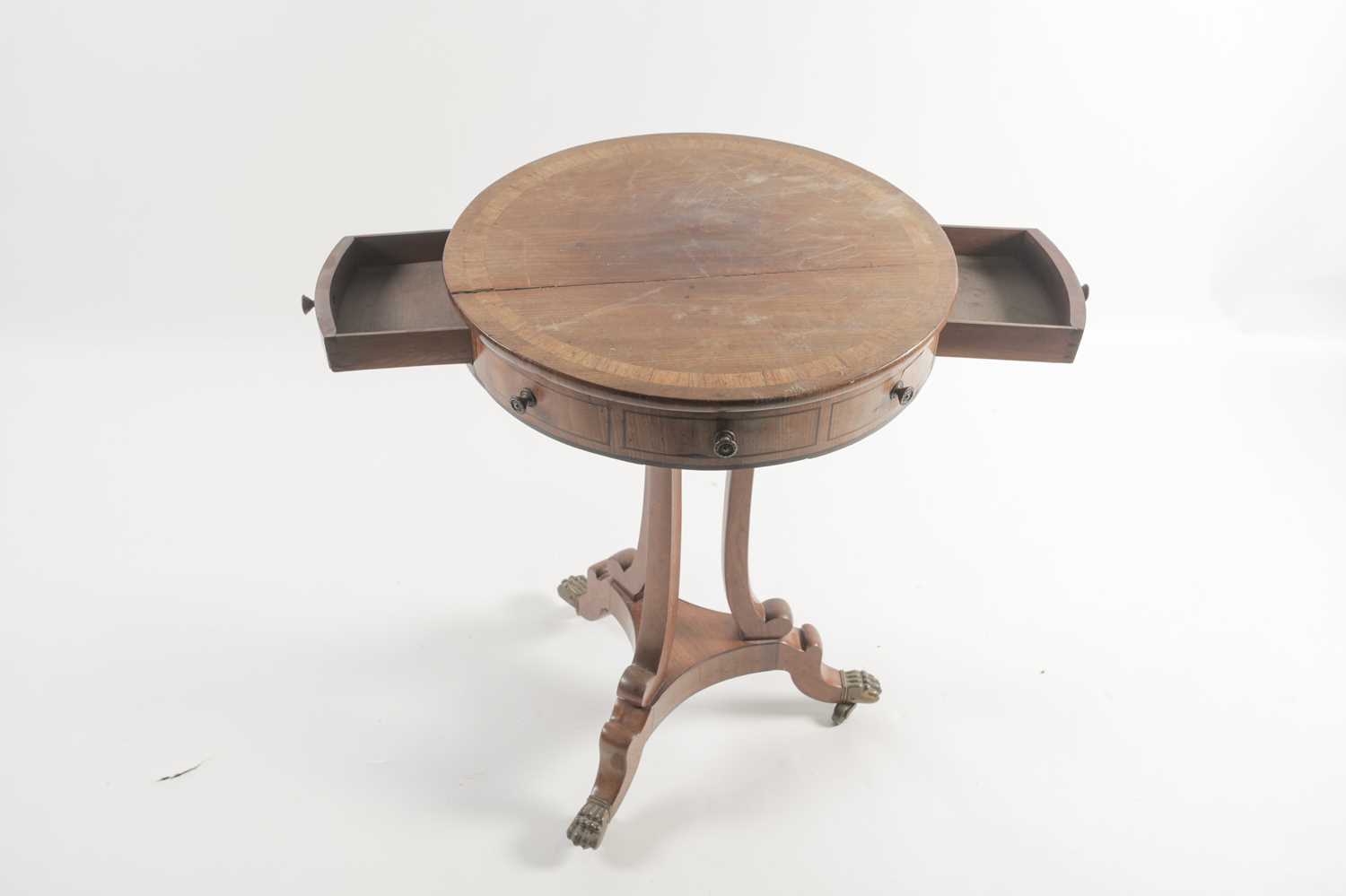 A small George IV ebony strung mahogany circular drum form urn table with tulipwood banded top and - Image 2 of 18