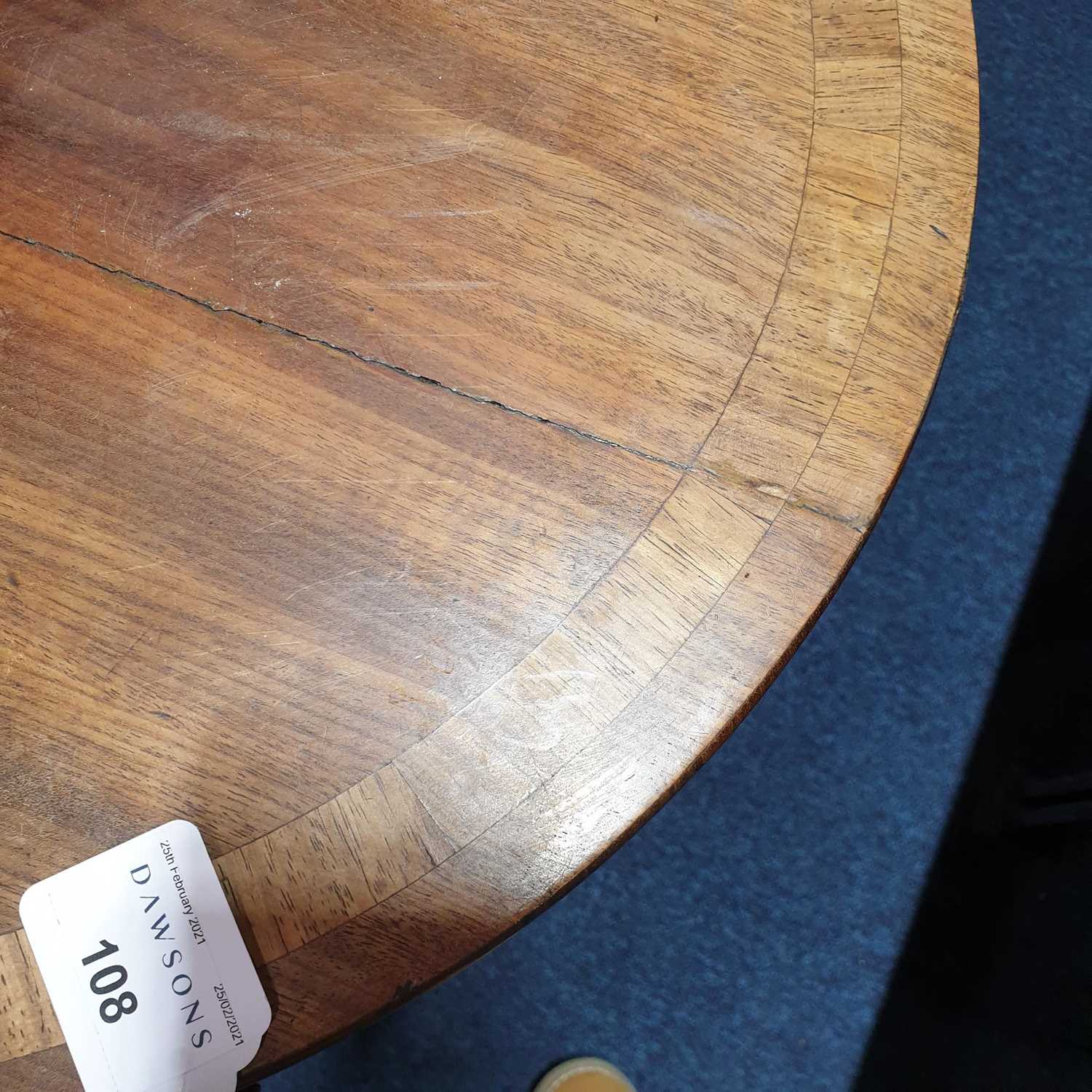 A small George IV ebony strung mahogany circular drum form urn table with tulipwood banded top and - Image 6 of 18