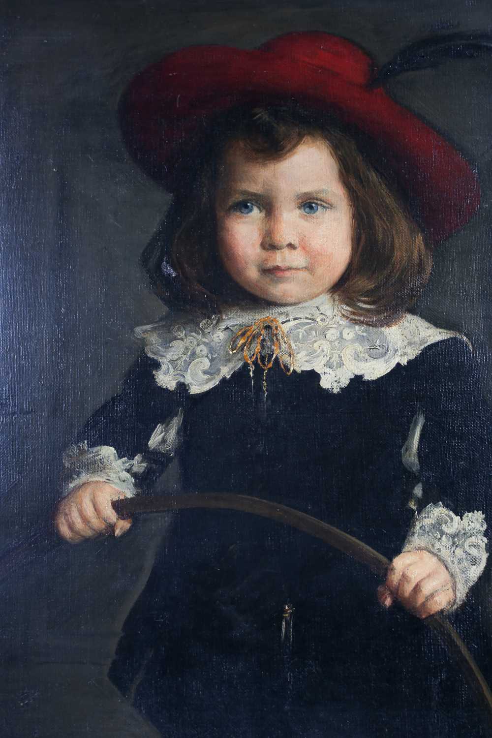 19th century Continental school, a large, full-length portrait of a child with a hoop, oil on - Image 2 of 9