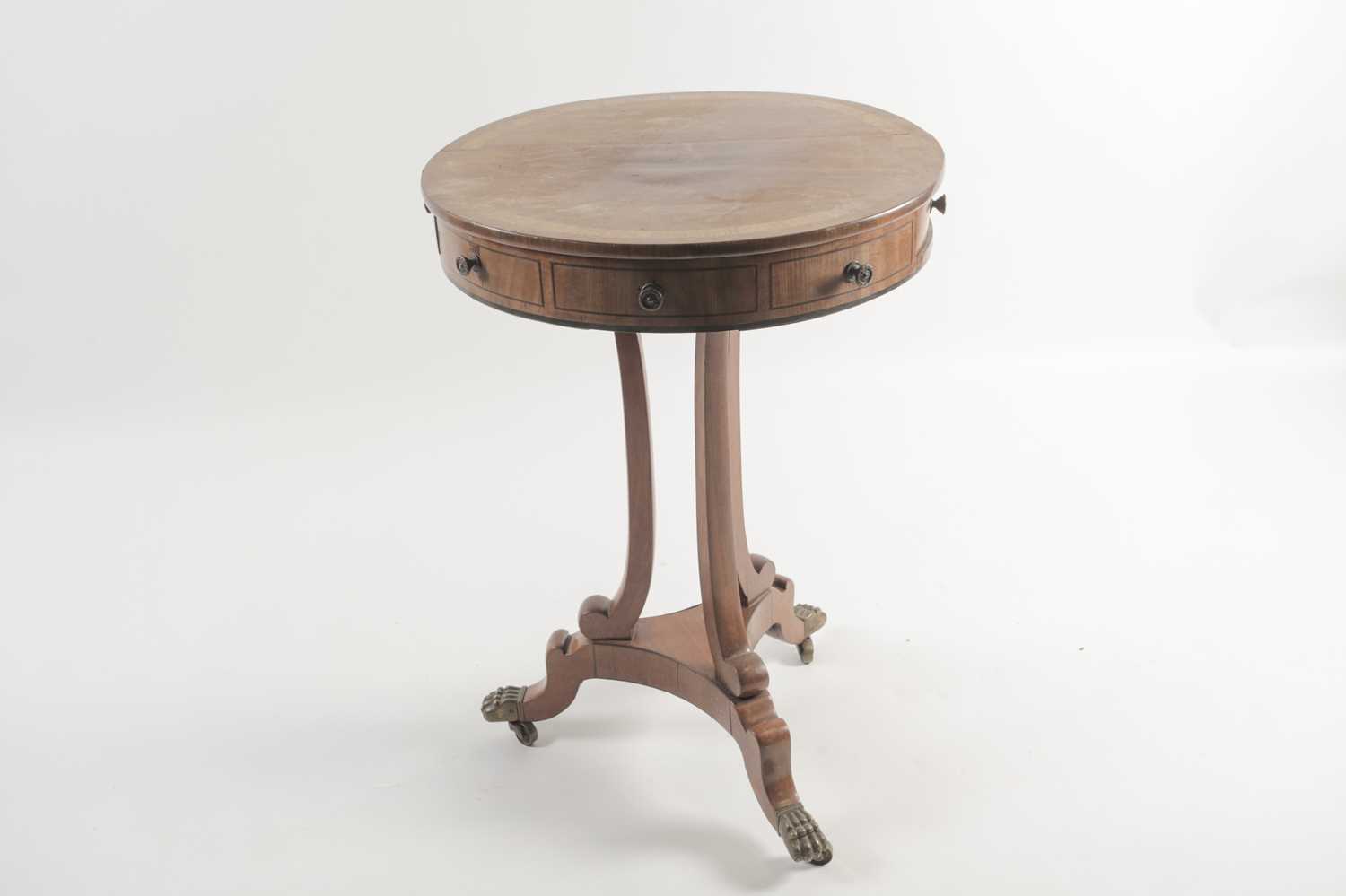 A small George IV ebony strung mahogany circular drum form urn table with tulipwood banded top and - Image 4 of 18