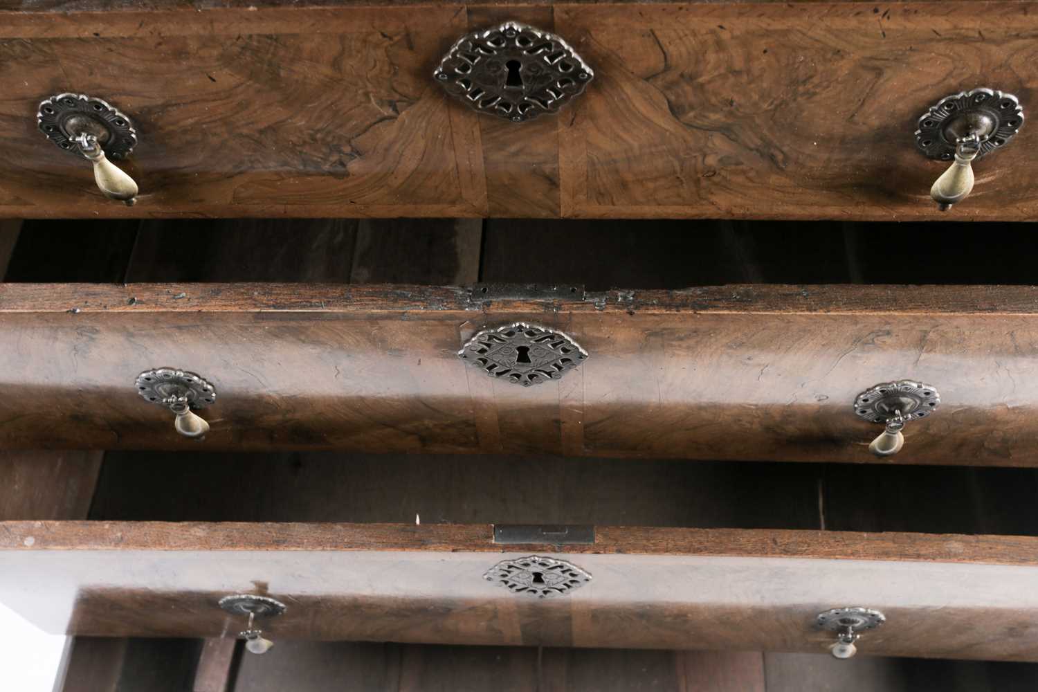 William & Mary walnut chest on stand. with crossbanded and quarter veneered top. Fitted two short - Image 9 of 17