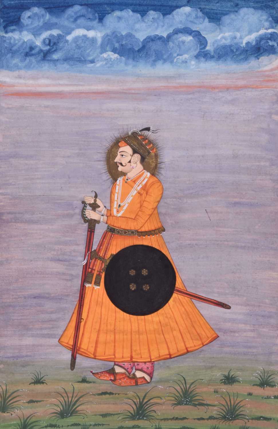Indian School, 19th century, full length portrait of a Maharaja, with gilt nimbus, with sword and - Image 3 of 4