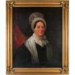 19th century school, a portrait of a lady in a lace collar and bonnet, unsigned oil on canvas, a