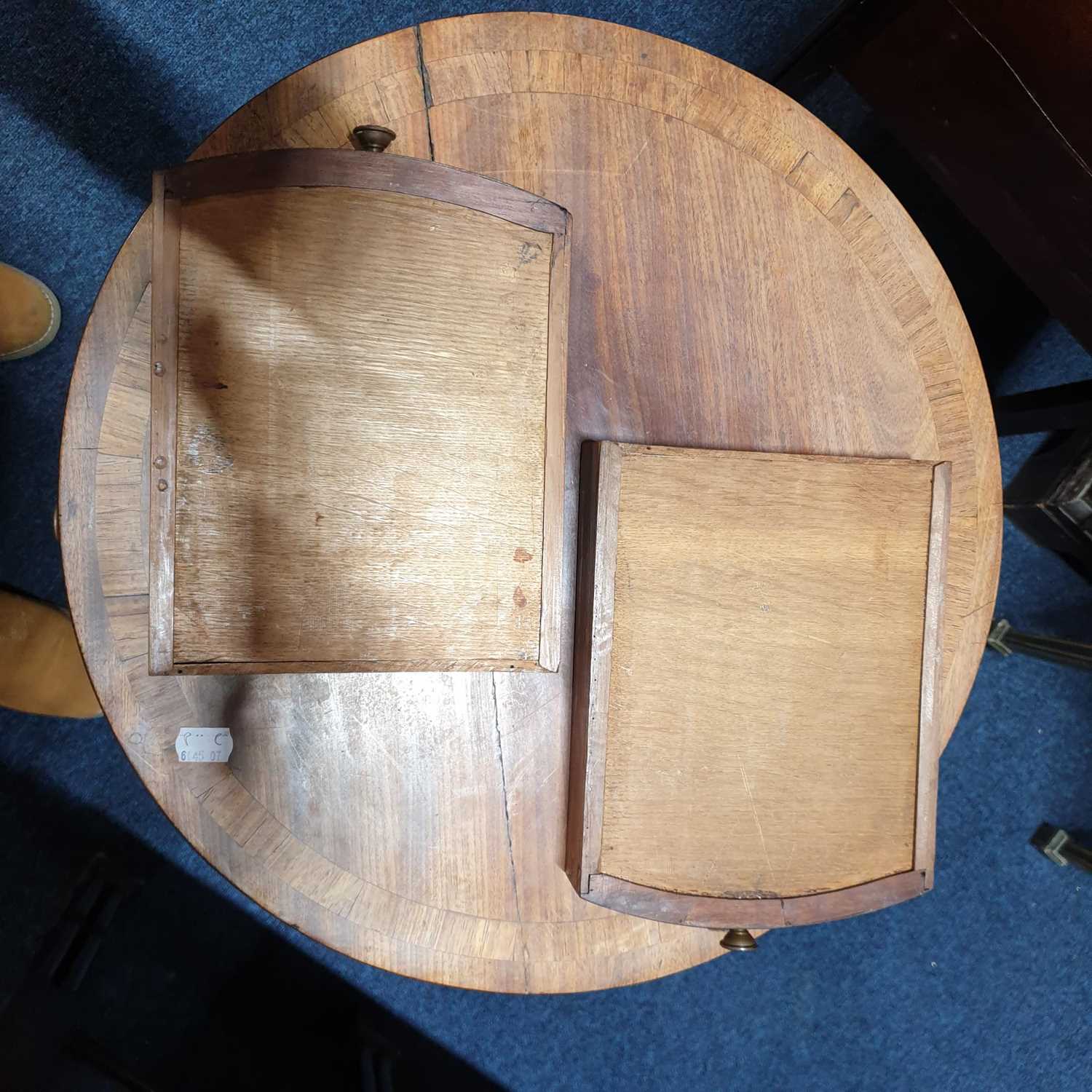 A small George IV ebony strung mahogany circular drum form urn table with tulipwood banded top and - Image 16 of 18