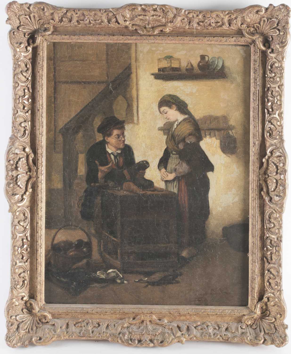 19th century Continental school, a cobbler at work in an interior setting, a woman beside him, oil