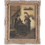 19th century Continental school, a cobbler at work in an interior setting, a woman beside him, oil